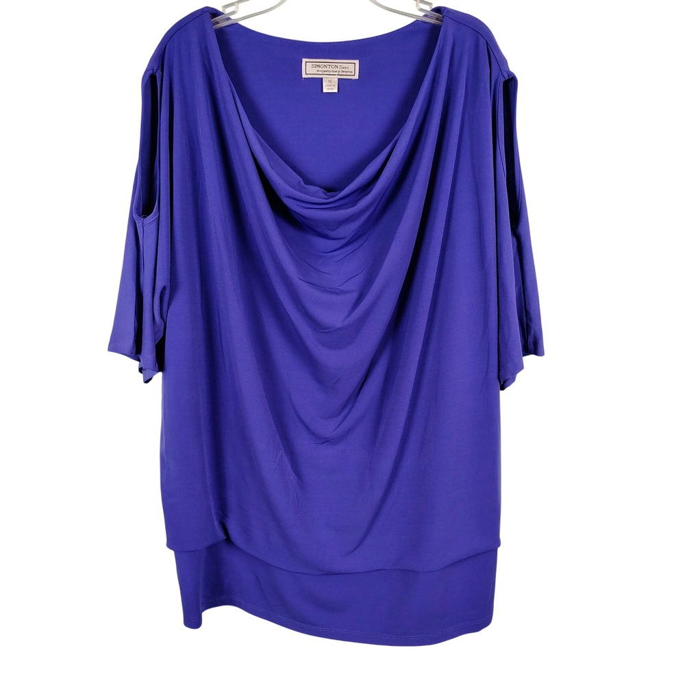 Womens 1X Simonton Says Draped Cowl Neck Cold Shoulder Top Purple Layered Chic